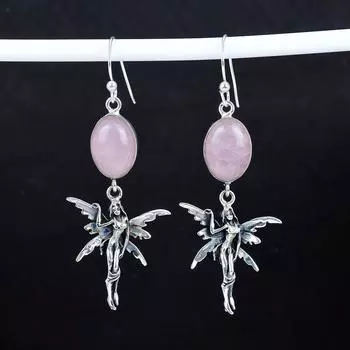 Серьги из натурального розового кварца, старинные серьги из стерлингового серебра 925 пробы, серьги-подвески из серебра в стиле бохо, подарки на помолвку, подарки для нее 2.95 розовый