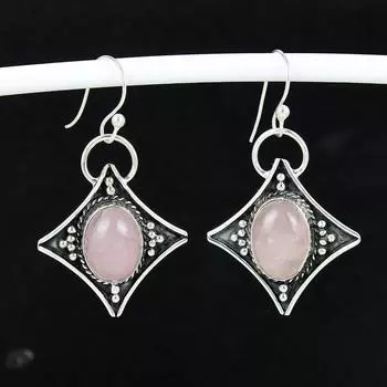 Серьги из натурального розового кварца, старинные серьги из стерлингового серебра 925 пробы, серьги-подвески из серебра в стиле бохо, подарок на день рождения 4 Cm розовый