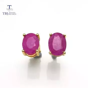 Серьги из натурального рубина, простой и классический дизайн, овальные 6*8 мм, серебро 925 пробы, цвет желтого золота, лучший подарок для девочек и женщин S красный
