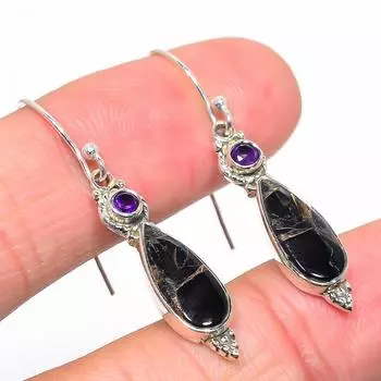 Серьги из натурального серебра 925 пробы с бирюзой и аметистом 1,50 дюйма c8L96