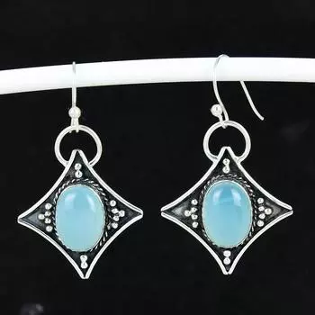 Серьги из натурального синего халцедона, старинные серьги из стерлингового серебра 925 пробы, серьги-подвески из серебра в стиле бохо, подарок для вечеринки 4 Cm синий