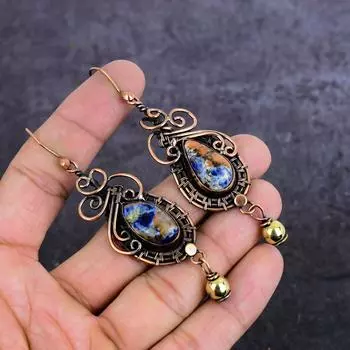 Серьги из натурального содалита, ручной работы, медная проволока, 3,47 дюйма, S9L59