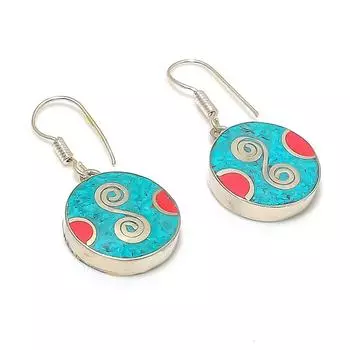 Серьги из натурального тибетского бирюзового, кораллового серебра 925 пробы 1,46 дюйма O3w36