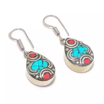 Серьги из натурального тибетского бирюзового, кораллового серебра 925 пробы 1,46 дюйма s6s04