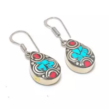 Серьги из натурального тибетского бирюзового, кораллового серебра 925 пробы 1,58 дюйма g5k31