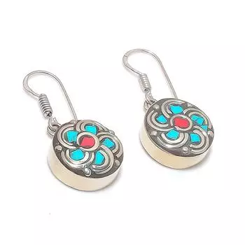 Серьги из натурального тибетского бирюзового и кораллового серебра 925 пробы 1,38 дюйма j5S04