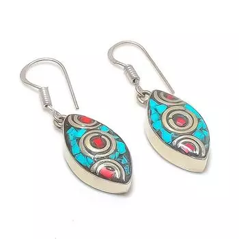 Серьги из натурального тибетского бирюзового, кораллового серебра 925 пробы 1,58 дюйма f8S20