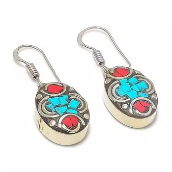 Серьги из натурального тибетского бирюзового, кораллового серебра 925 пробы 1,46 дюйма f2g51