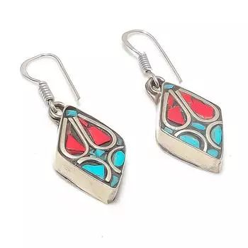 Серьги из натурального тибетского бирюзового и кораллового серебра 925 пробы 1,69 дюйма g7t63