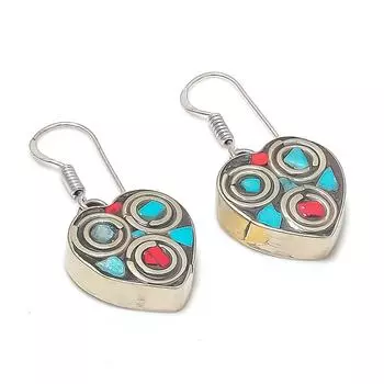 Серьги из натурального тибетского бирюзового, кораллового серебра 925 пробы 1,50 дюйма A3v60