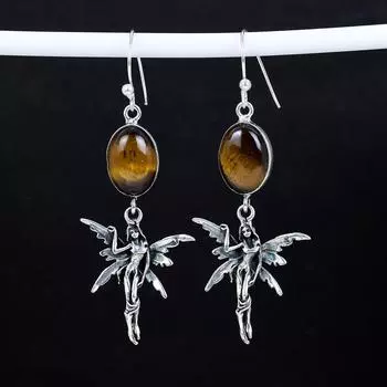 Серьги из натурального тигрового глаза, антикварные серьги из стерлингового серебра 925 пробы, серьги-подвески из серебра в стиле бохо, подарки на День благодарения, подарки для нее 2.95 коричневый