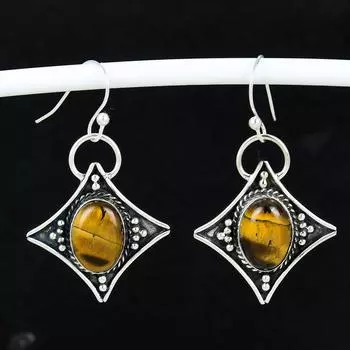 Серьги из натурального тигрового глаза, антикварные серьги из стерлингового серебра 925 пробы, серьги-подвески из серебра в стиле бохо, подарки на помолвку, подарки для нее 4 Cm коричневый