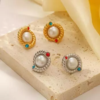 Серьги из нержавеющей стали с инкрустацией жемчугом во французском стиле, женские трендовые серьги из золота 18 карат с покрытием
