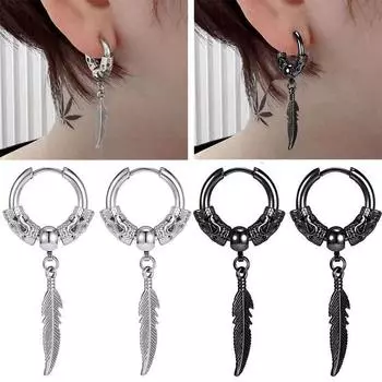 Серьги из нержавеющей стали с круглыми проволочными перьями и узором в стиле ретро-дракона, гипоаллергенные модные серьги в подарок для мужчин и женщин серебряный