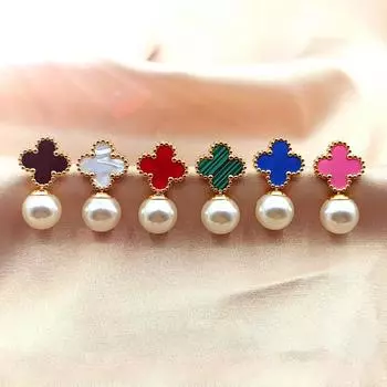 Серьги из нержавеющей стали с жемчугом в виде четырехлистного клевера, модные простые серьги с атмосферой, серьги Netroots с тем же абзацем белый