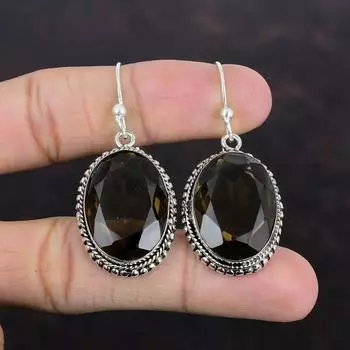 Серьги из ограненного дымчатого кварца, серьги из натурального драгоценного камня, серьги из стерлингового серебра 925 пробы, винтажные украшения, серьги ручной работы, серебряные украшения для подарка