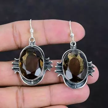 Серьги из ограненного дымчатого кварца, серьги из натурального драгоценного камня, серьги из стерлингового серебра 925 пробы, ювелирные изделия ручной работы, уникальные серьги, серебряные украшения для подарков