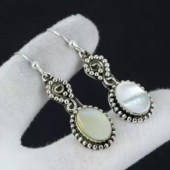 Серьги из перламутра, серьги из стерлингового серебра 925 пробы, серьги ручной работы, овальные серьги из перламутра, подарок для матери, серьги с драгоценными камнями 1.96 белый