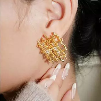 Серьги из плетеной сетки с цирконием, французская ниша, уникальный индивидуальный дизайн, модные, легкие, роскошные, высокого класса, темпераментные серьги золотистый