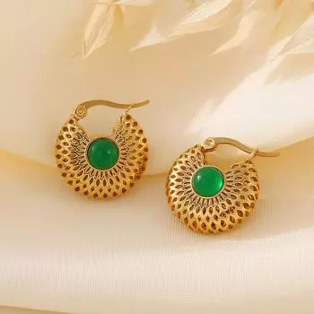 Серьги из полого золота в стиле ретро из зеленого стекла, нишевый дизайн, титановая сталь, покрытая 18-каратным настоящим золотом, легкие роскошные украшения для ушей