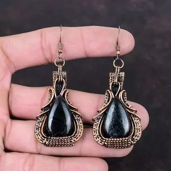 Серьги из псиломелана, серьги из медной проволоки, серьги ручной работы, ювелирные изделия из псиломелана, серьги с драгоценными камнями, ювелирные изделия из медной проволоки, подарки на помолвку