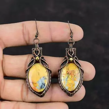 Серьги из яшмы Малигано, обернутые медной проволокой, ювелирные изделия, серьги из драгоценных камней ручной работы, обернутые медной проволокой, подарок для нее, ювелирные изделия из яшмы Малигано