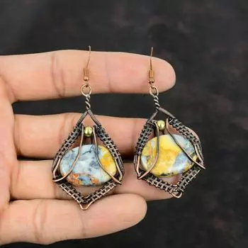 Серьги из яшмы Малигано Серьги с медной проволокой, обмотанные медью, ювелирные изделия ручной работы из меди, серьги с драгоценными камнями, подарки на годовщину, замечательные ювелирные изделия с проволокой