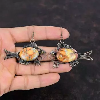 Серьги из яшмы Малигано, серьги из медной проволоки, обернутые драгоценными камнями, ювелирные изделия из меди ручной работы, серьги в форме рыбок, подарки для нее, ювелирные изделия из камня, соответствующего ее рождению