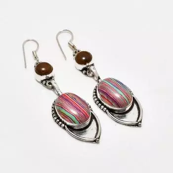 Серьги из радужного кремнезема и драгоценного камня «Тигровый глаз» 925 пробы, посеребренные, 2,65 дюйма