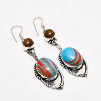 Серьги из радужного кремнезема и драгоценного камня «Тигровый глаз» 925 пробы, посеребренные, 2,65 дюйма