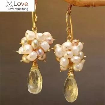 Серьги из разноцветных жемчужин с зеленым аметистом