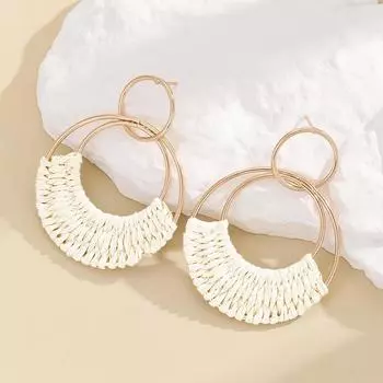 Серьги из ротанговой ткани в стиле бохо, летние серьги-кольца из рафии, висячие серьги для женщин и девочек, богемные круглые серьги-капли, вечерние ювелирные изделия, подарки белый