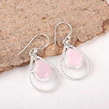 Серьги из розового халцедона, Ювелирные изделия из драгоценных камней ручной работы, Серьги из стерлингового серебра 925 пробы ручной работы, Ювелирные изделия уникального дизайна 1.70 Inches розовый