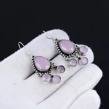 Серьги из розового кварца, серьги с драгоценными камнями, старинные серебряные серьги с драгоценными камнями из розового кварца, ювелирные изделия из цельного серебра 925 пробы, серьги с драгоценными камнями для нее 1.57 розовый