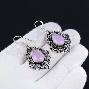 Серьги из розового кварца, серьги с драгоценными камнями, старинные серебряные серьги с драгоценными камнями из розового кварца, ювелирные изделия из цельного серебра 925 пробы, серьги с драгоценными камнями для нее 1.57 розовый