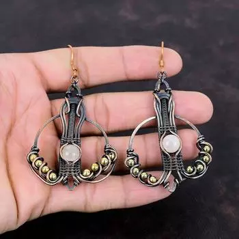 Серьги из розового кварца, серьги из медной проволоки, ювелирные изделия ручной работы, серьги с драгоценными камнями высшего качества, дизайнерские медные ювелирные изделия, подарок на годовщину