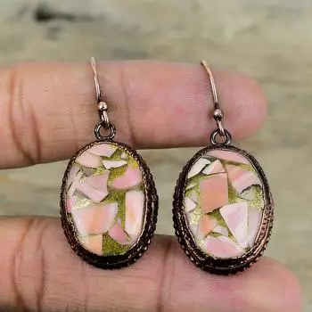 Серьги из розового опала с медью, гальванопластические медные серьги, изящные ювелирные изделия ручной работы, уникальные стильные серьги из драгоценных камней, медные ювелирные изделия, подарки на помолвку
