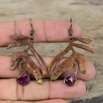 Серьги из розового турмалина, грубые, гальванопластические, медные, ювелирные изделия ручной работы с драгоценными камнями, серьги с перидотом, подарок на годовщину, гальванопластические ювелирные изделия