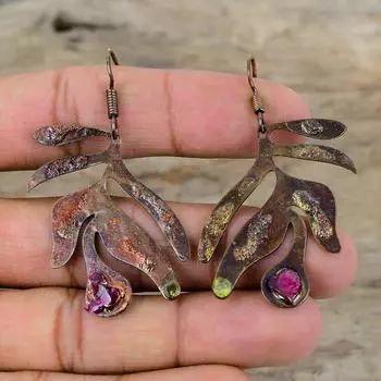 Серьги из розового турмалина, грубые, гальванопластические, медные, ювелирные изделия ручной работы, серьги из драгоценных камней перидота, подарок на годовщину, гальванопластические ювелирные изделия