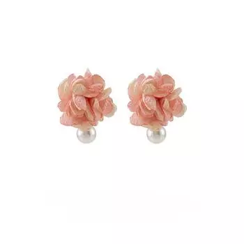 Серьги из розовой ткани с цветком, сладкая искусственная жемчужина, спираль от комаров, без пирсинга, зажим для ушей, женский
