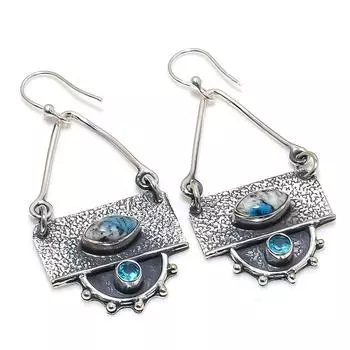 Серьги из серебра 925 пробы ручной работы с яшмой K2, голубым топазом, 2,17 дюйма JCE481-76