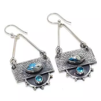Серьги из серебра 925 пробы ручной работы с яшмой K2, голубым топазом, 2,17 дюйма JCE481-81