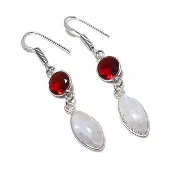 Серьги из серебра 925 пробы с натуральным лунным камнем и гранатом 2,13 дюйма k7T64