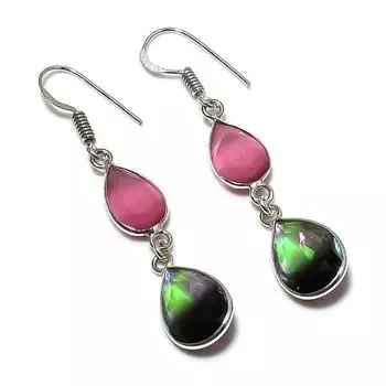 Серьги из серебра 925 пробы с натуральным мистическим топазом и халцедоном 2,13 дюйма O2T15