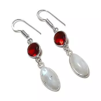 Серьги из серебра 925 пробы с натуральным лунным камнем и гранатом 2,01 дюйма f2m08