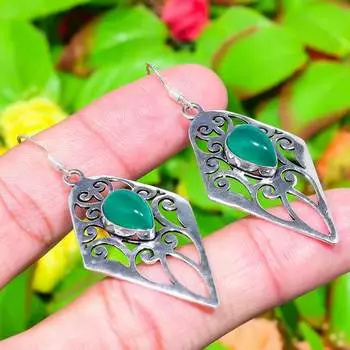 Серьги из серебра 925 пробы с драгоценным камнем зеленого оникса ручной работы 2,32 дюйма Z2L22