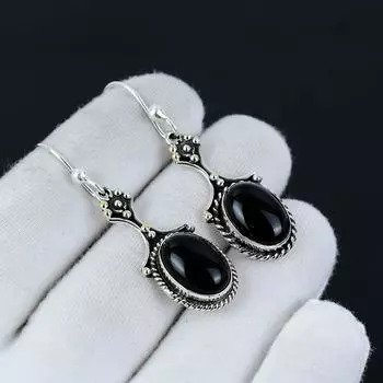 Серьги из серебра 925 пробы с черным ониксом, висячие серьги из серебра в стиле бохо, подарки на День святого Валентина, подарки для нее 2.16 оникс/чёрный