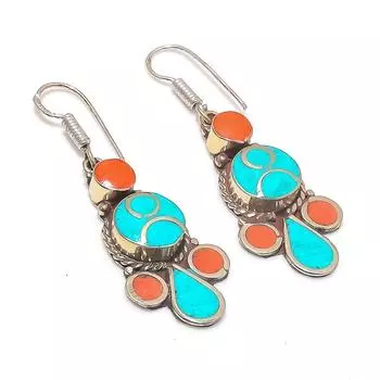 Серьги из серебра 925 пробы с тибетской бирюзой и кораллом 2,25 дюйма J0S93