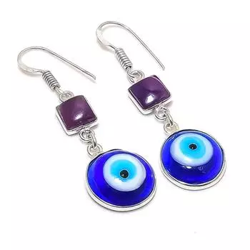 Серьги из серебра 925 пробы с натуральным синим сглазом и аметистом 1,97 дюйма g9H12