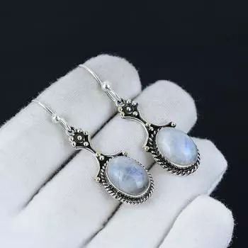 Серьги из серебра 925 пробы с радужным лунным камнем, серьги-подвески из серебра в стиле бохо, подарки на День святого Валентина, подарки для нее 2.16 белый